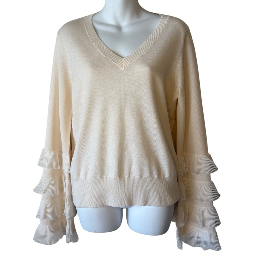 10 Crosby Derek Lam Cream Layered Ruffle Sleeve V-Neck Sweater